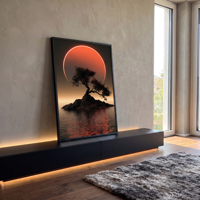 Árvore bonsai em silhueta sobre ilha rochosa, eclipse laranja e reflexo no mar escuro, quadro decorativo