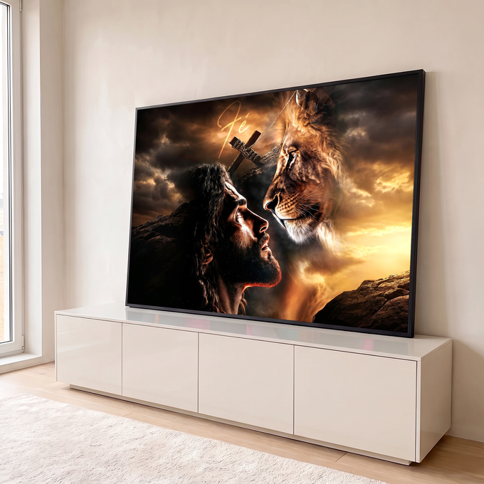 Quadro Decorativo Grande Jesus e Leão para Sala Dourado | quadros decorativos para sala | Jesus e leão frente a frente sob cruz acorrentada com a palavra Fé em dourado | em Quadros para Sala | Porao dos Quadros