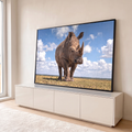Rinoceronte-branco de frente em savana dourada sob céu azul com nuvens brancas, quadro decorativo