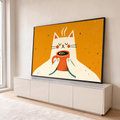 Quadro Decorativo Grande Gato Fofo Tomando para Sala Laranja | quadros decorativos para sala | gato branco de olhos fechados segurando caneca laranja de café com vapor | em Quadros para Sala | Porao dos Quadros