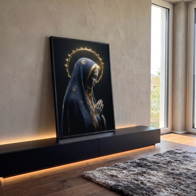 Quadro Decorativo Grande Nossa Senhora em Véu para Sala Azul | quadros decorativos para sala | Nossa Senhora em perfil com véu azul bordado e halo dourado radiante | em Quadros para Sala | Porao dos Quadros