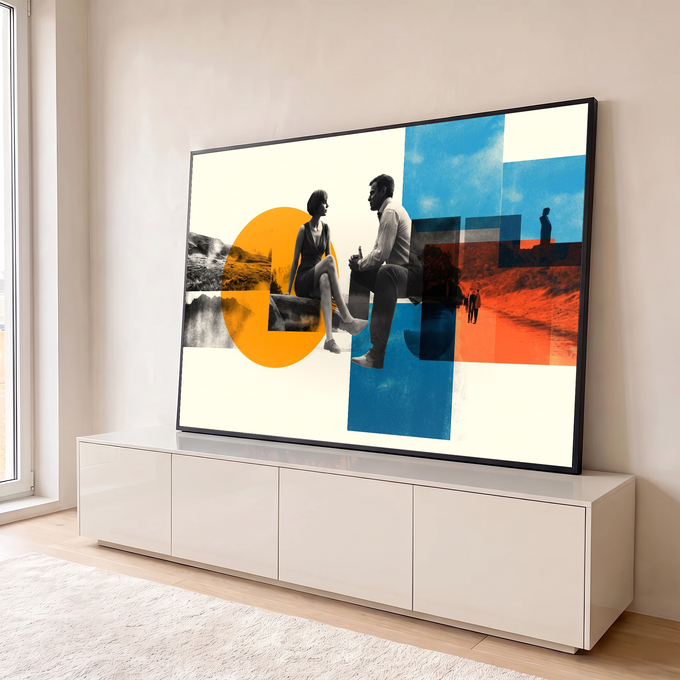 Casal sentado conversando em colagem retrô com círculo laranja, blocos azuis e paisagens, quadro decorativo