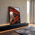 Quadro Decorativo Buda de Pedra com Véu Vermelho ao Vento | quadros decorativos para sala | estátua de Buda em pedra com véu vermelho voando ao vento sobre montanhas | em Quadros para Sala | Porao dos Quadros