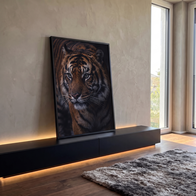 Tigre em close com olhos verdes, pelagem laranja listrada de preto e fundo escuro, quadro decorativo