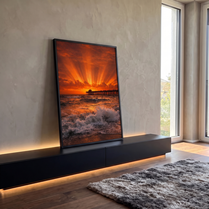 Pôr do sol laranja com raios de luz no céu, píer de madeira e ondas quebrando na praia, quadro decorativo