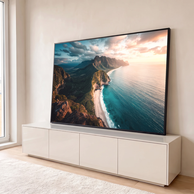 Quadro Decorativo Grande Falésias Verdes para Sala Azul | quadros decorativos para sala | vista aérea de falésias verdes, praia branca e mar turquesa ao pôr do sol | em Quadros para Sala | Porao dos Quadros