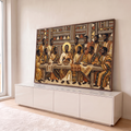 Quadro Decorativo Grande Santa Ceia Sala para Sala Dourado | quadros decorativos para sala | releitura da Última Ceia com figuras negras em trajes africanos dourados e terracota | em Quadros para Sala | Porao dos Quadros