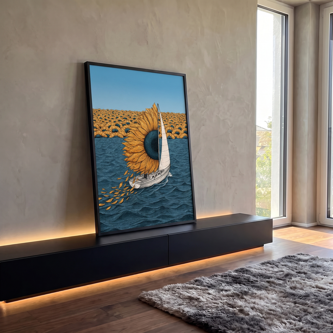 Veleiro com girassol gigante como vela no mar azul, campo de girassóis ao fundo, quadro decorativo