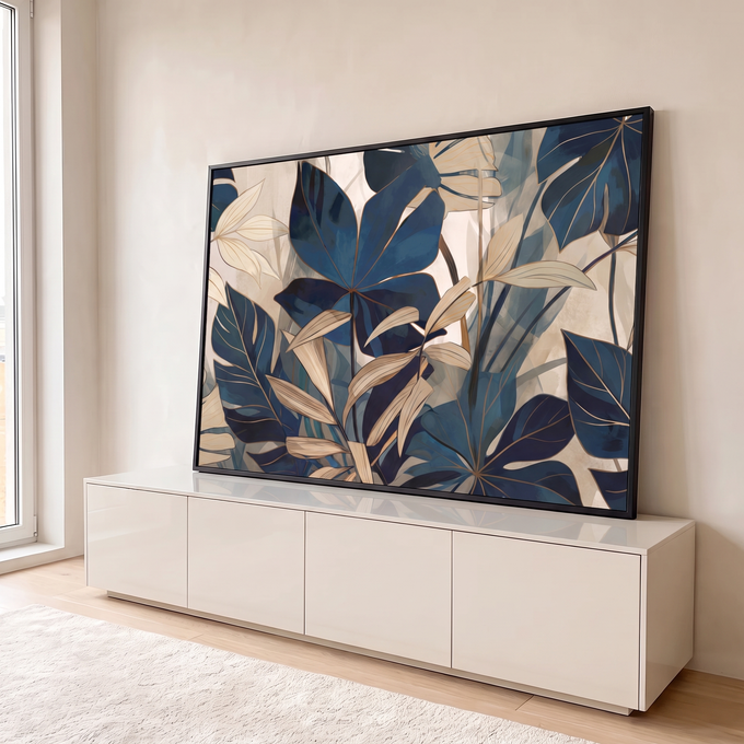 Folhas tropicais e monstera em azul marinho e bege com contornos dourados, quadro decorativo