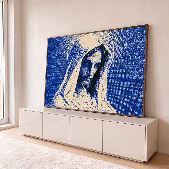 Quadro Decorativo Grande Nossa Senhora Pontilhismo para Sala | quadros decorativos para sala | Nossa Senhora com véu e mãos em oração em efeito halftone azul e bege | em Quadros para Sala | Porao dos Quadros
