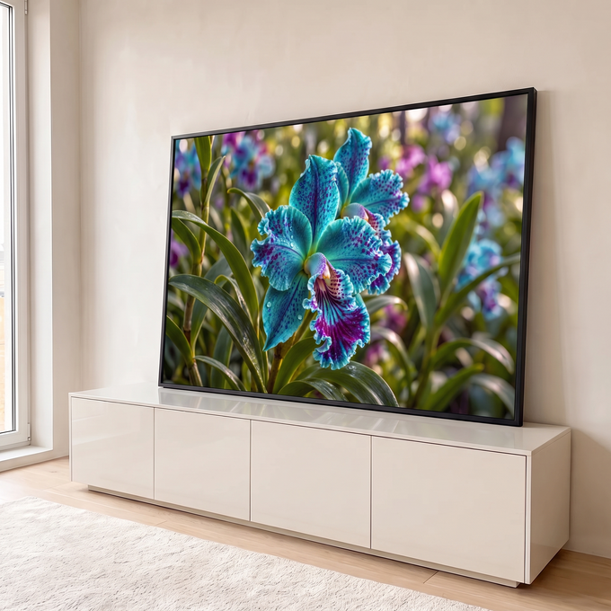 Orquídea turquesa com pintas roxas e gotas de orvalho entre folhas verdes, jardim desfocado, quadro decorativo