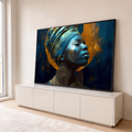Quadro Decorativo Grande Mulher com Turbante para Sala Azul | quadros decorativos para sala | mulher de olhos fechados com turbante azul e rosto pintado de dourado diante de lua dourada | em Quadros para Sala | Porao dos Quadros