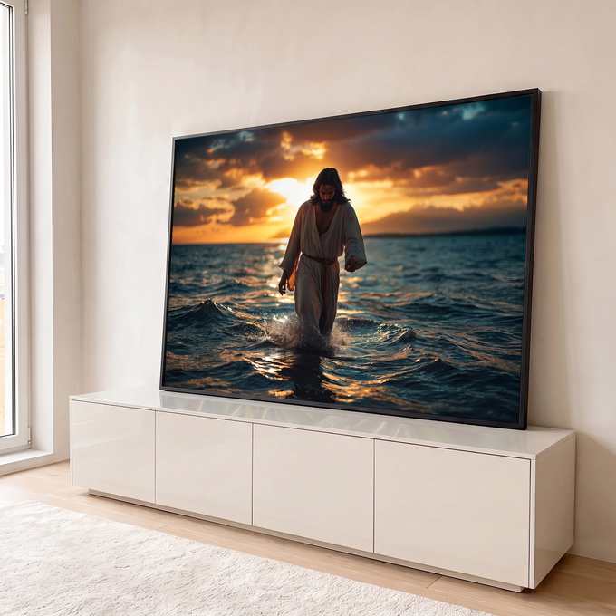 Jesus de túnica caminhando no mar ao pôr do sol com céu laranja e ondas azuis, quadro decorativo