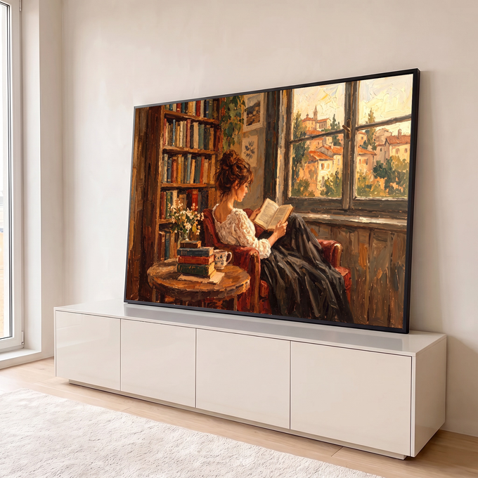 Pintura a óleo de mulher lendo em poltrona vermelha junto à janela com vista de vilarejo, quadro decorativo