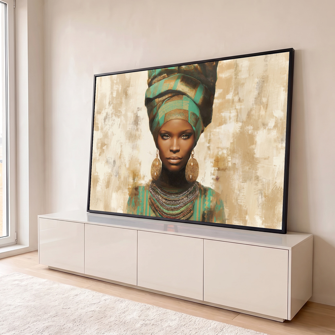 Quadro Decorativo Grande Mulher com Turbante para Sala Verde | quadros decorativos para sala | retrato de mulher com turbante verde e dourado, brincos e colar de contas | em Quadros para Sala | Porao dos Quadros