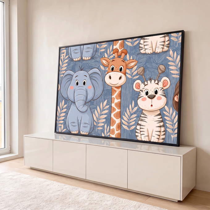 Elefante, girafa e zebra fofos em desenho cartoon com folhas bege sobre fundo azul, quadro decorativo