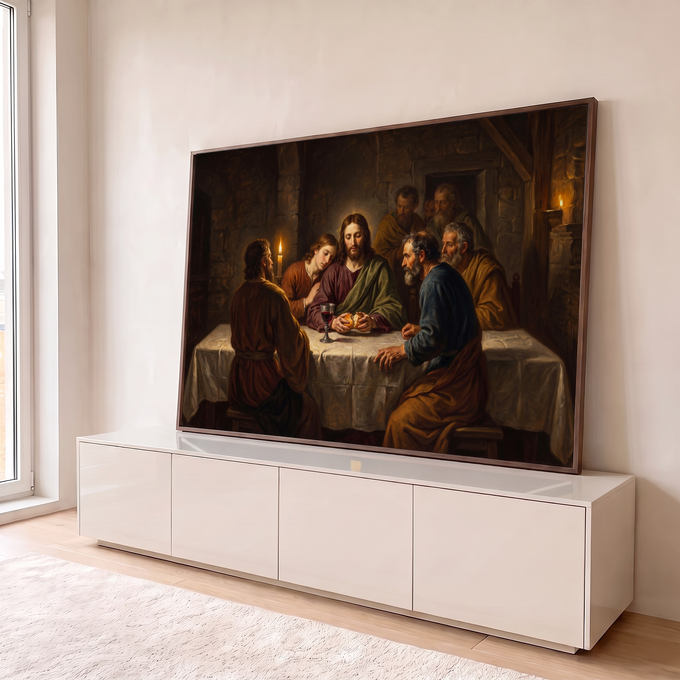 Jesus partindo o pão com os apóstolos à luz de velas em pintura a óleo da Santa Ceia, quadro decorativo