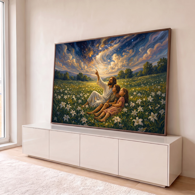 Jesus com duas crianças num campo de lírios brancos apontando para o céu estrelado, quadro decorativo