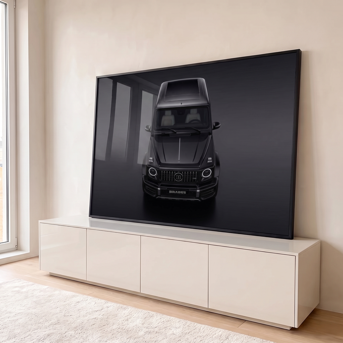 Quadro Decorativo Grande SUV Visto de Cima para Sala Preto | quadros decorativos para sala | SUV preto fosco visto de cima com faróis redondos acesos em fundo escuro | em Quadros para Sala | Porao dos Quadros