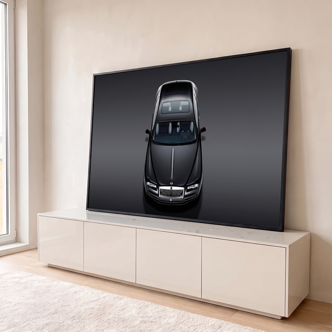Quadro Decorativo Grande Carro de Luxo para Sala Preto | quadros decorativos para sala | carro preto de luxo fotografado de cima em fundo cinza degradê | em Quadros para Sala | Porao dos Quadros