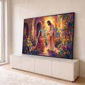 Jesus ressuscitado estende as mãos a Maria Madalena ajoelhada em jardim florido roxo, quadro decorativo