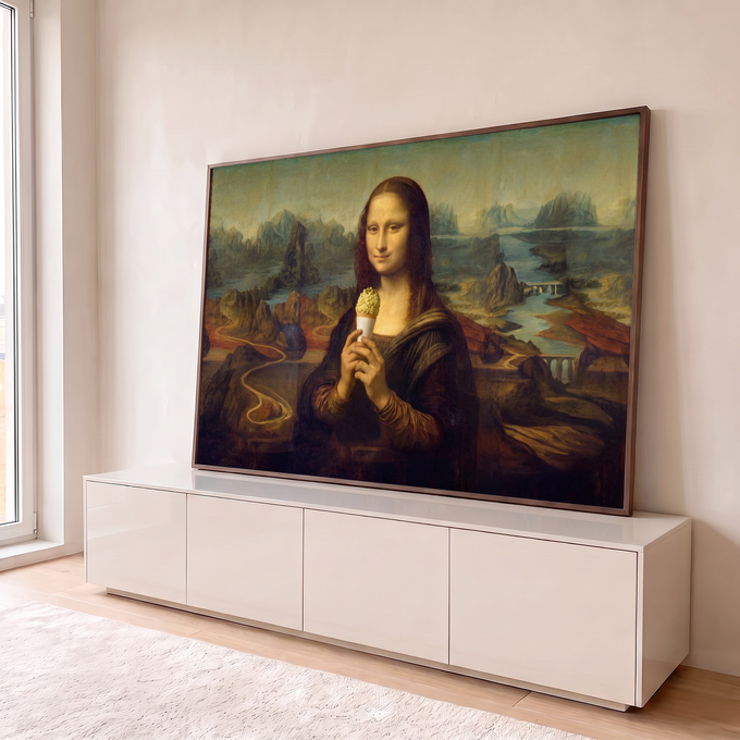 Quadro Decorativo Grande Mona Lisa Sorvete para Sala | quadros decorativos para sala | mulher com sorriso enigmático segurando sorvete de pistache, paisagem de montanhas ao fundo | em Quadros para Sala | Porao dos Quadros