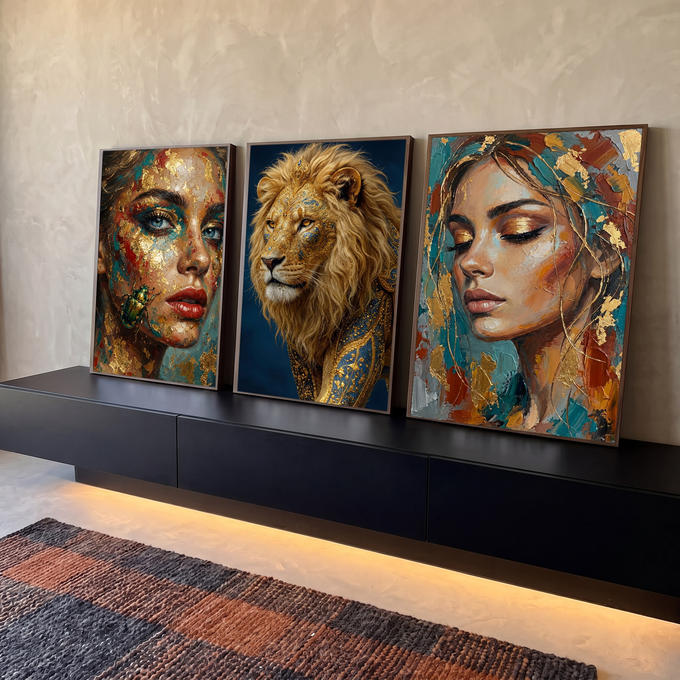 Quadro Decorativo Kit 3 Telas Leão e Mulheres para Sala | quadros decorativos para sala | leão ornamentado dourado entre dois retratos femininos com respingos de tinta dourada | em Quadros para Sala | Porao dos Quadros