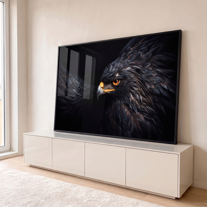 Quadro Decorativo Grande Águia de Olhar para Sala Preto | quadros decorativos para sala | retrato de águia com penas escuras despenteadas e olho laranja vibrante sobre fundo preto | em Quadros para Sala | Porao dos Quadros