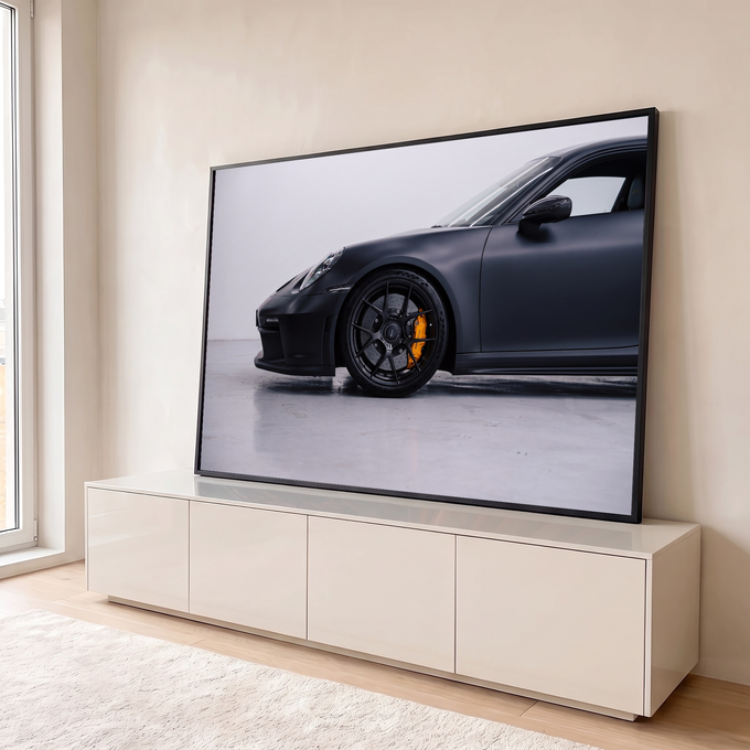Quadro Decorativo Grande Carro Preto Fosco para Sala Preto | quadros decorativos para sala | carro esportivo preto fosco com pinça de freio amarela e roda em destaque | em Quadros para Sala | Porao dos Quadros