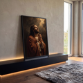 Quadro Decorativo Grande Jesus em Oração para Sala Marrom | quadros decorativos para sala | homem em oração com mãos unidas olhando para luz dourada nas nuvens | em Quadros para Sala | Porao dos Quadros