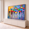 Quadro Decorativo Grande Pessoas com Guarda-Chuvas para Sala | quadros decorativos para sala | pessoas caminhando sob guarda-chuvas coloridos em dia de chuva na cidade | em Quadros para Sala | Porao dos Quadros