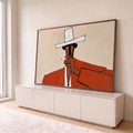 Quadro Decorativo Grande Homem de Chapéu para Sala Vermelho | quadros decorativos para sala | figura estilizada de chapéu branco e casaco vermelho segurando um cigarro | em Quadros para Sala | Porao dos Quadros