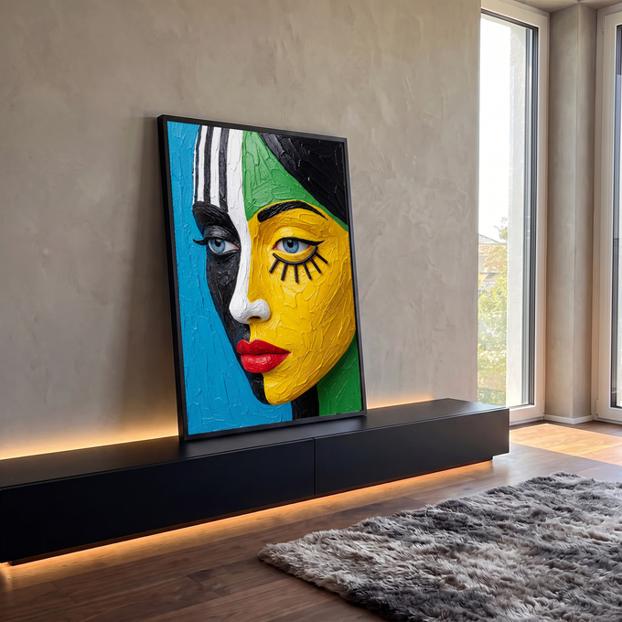 Quadro Decorativo Grande Rosto Dividido para Sala Azul | quadros decorativos para sala | rosto feminino dividido em metades azul listrada e amarela vibrante com lábios vermelhos | em Quadros para Sala | Porao dos Quadros