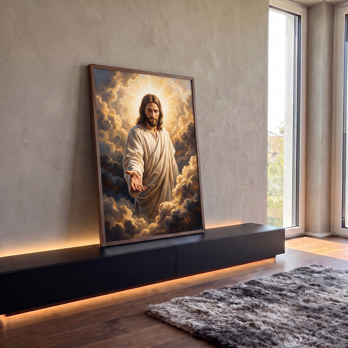 Quadro Decorativo Grande Jesus Halo para Sala Dourado | quadros decorativos para sala | Jesus Cristo com halo dourado estendendo a mão entre nuvens | em Quadros para Sala | Porao dos Quadros