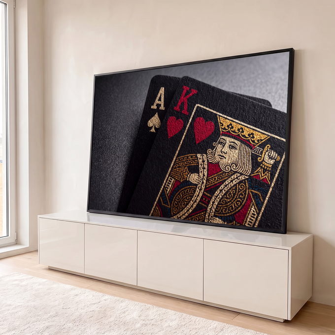 Cartas de baralho pretas com ás de espadas e rei de copas em dourado e vermelho, foto macro, quadro decorativo