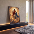Quadro Decorativo Grande Jesus e Nossa Senhora para Sala | quadros decorativos para sala | Jesus e Nossa Senhora flutuando entre nuvens douradas com raios de luz | em Quadros para Sala | Porao dos Quadros