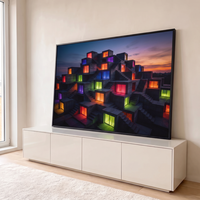 Quadro Decorativo Grande Prédio de Concreto para Sala Cinza | quadros decorativos para sala | construção geométrica de concreto com janelas iluminadas em cores variadas ao entardecer | em Quadros para Sala | Porao dos Quadros