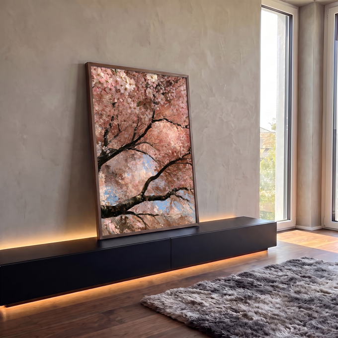 Quadro Decorativo Flores de Cerejeira em Pinceladas Rosa | quadros decorativos para sala | flores de cerejeira rosa e branco cobrindo galhos escuros com céu azul ao fundo | em Quadros para Sala | Porao dos Quadros