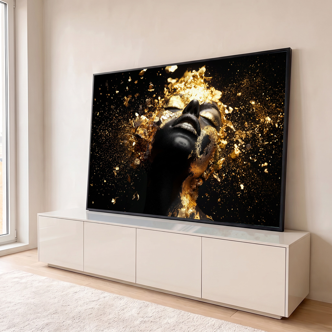 Quadro Decorativo Grande Rosto com Explosão de Pó para Sala | quadros decorativos para sala | rosto feminino em preto fosco com explosão de partículas douradas ao redor | em Quadros para Sala | Porao dos Quadros