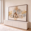 Quadro Decorativo Grande Sagrada Família Bege para Sala | quadros decorativos para sala | homem e mulher ajoelhados abraçam bebê na manjedoura sob estrela dourada | em Quadros para Sala | Porao dos Quadros