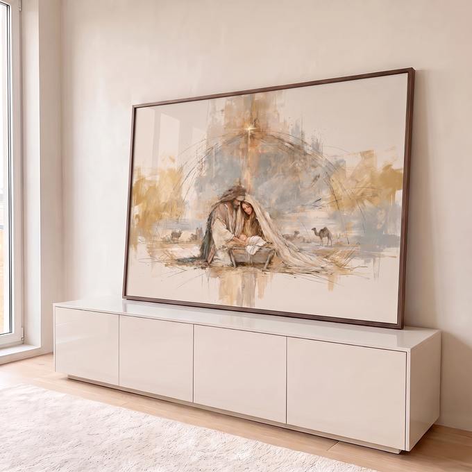 Quadro Decorativo Grande Sagrada Família Bege para Sala | quadros decorativos para sala | homem e mulher ajoelhados abraçam bebê na manjedoura sob estrela dourada | em Quadros para Sala | Porao dos Quadros