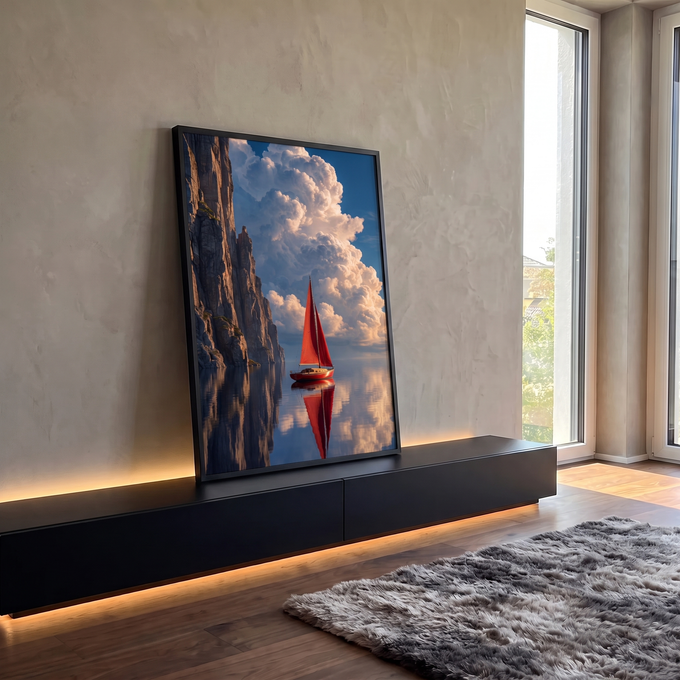 Veleiro de vela vermelha refletido no mar calmo entre penhascos e nuvens, quadro decorativo