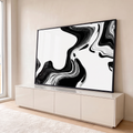Curvas fluidas de tinta preta sobre fundo branco em alto contraste, abstrato quadro decorativo