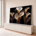 Quadro Decorativo Grande Copos-de-Leite Dourados para Sala | quadros decorativos para sala | flores copo-de-leite em linhas douradas e brancas sobre fundo preto | em Quadros para Sala | Porao dos Quadros
