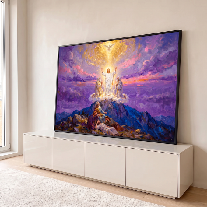 Jesus transfigurado no Monte Tabor com Moisés, Elias e apóstolos sob céu roxo e pomba, quadro decorativo