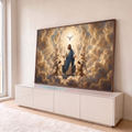 Quadro Decorativo Grande Jesus Anjos para Sala Dourado | quadros decorativos para sala | Jesus Cristo de braços abertos entre nuvens douradas, pomba branca e anjos ao redor | em Quadros para Sala | Porao dos Quadros