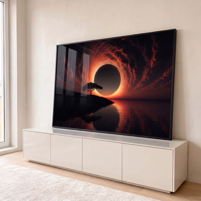 Quadro Decorativo Grande Eclipse Solar para Sala Laranja | quadros decorativos para sala | eclipse solar com nuvens de fogo e árvore solitária refletida no lago | em Quadros para Sala | Porao dos Quadros