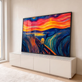 Releitura de O Grito de Munch com céu laranja em espiral e pinceladas azuis sobre a ponte, quadro decorativo