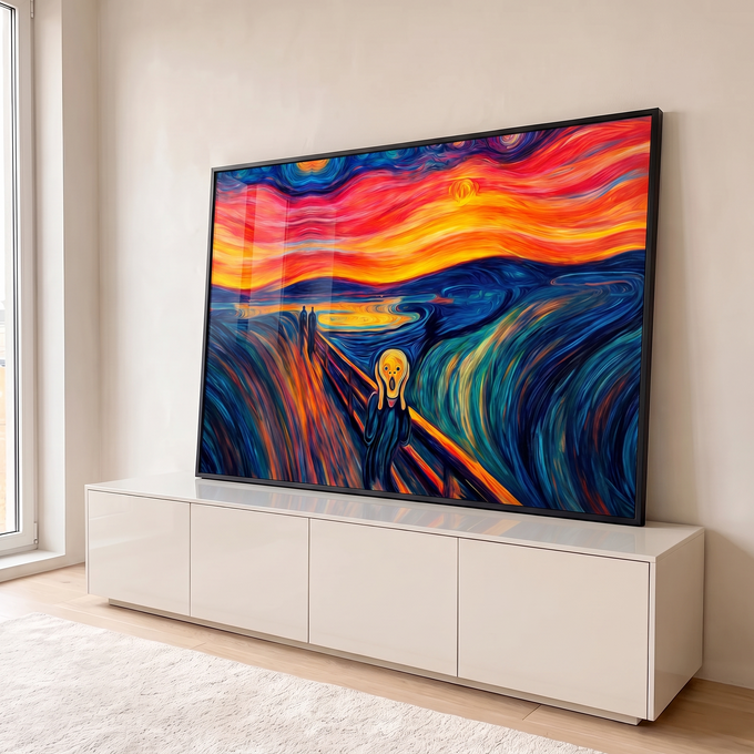 Releitura de O Grito de Munch com céu laranja em espiral e pinceladas azuis sobre a ponte, quadro decorativo