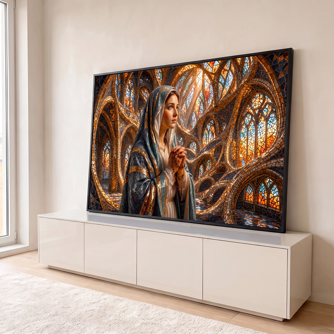 Quadro Decorativo Grande Nossa Senhora Terço para Sala | quadros decorativos para sala | Nossa Senhora em oração com véu azul e dourado diante de vitrais em mosaico | em Quadros para Sala | Porao dos Quadros